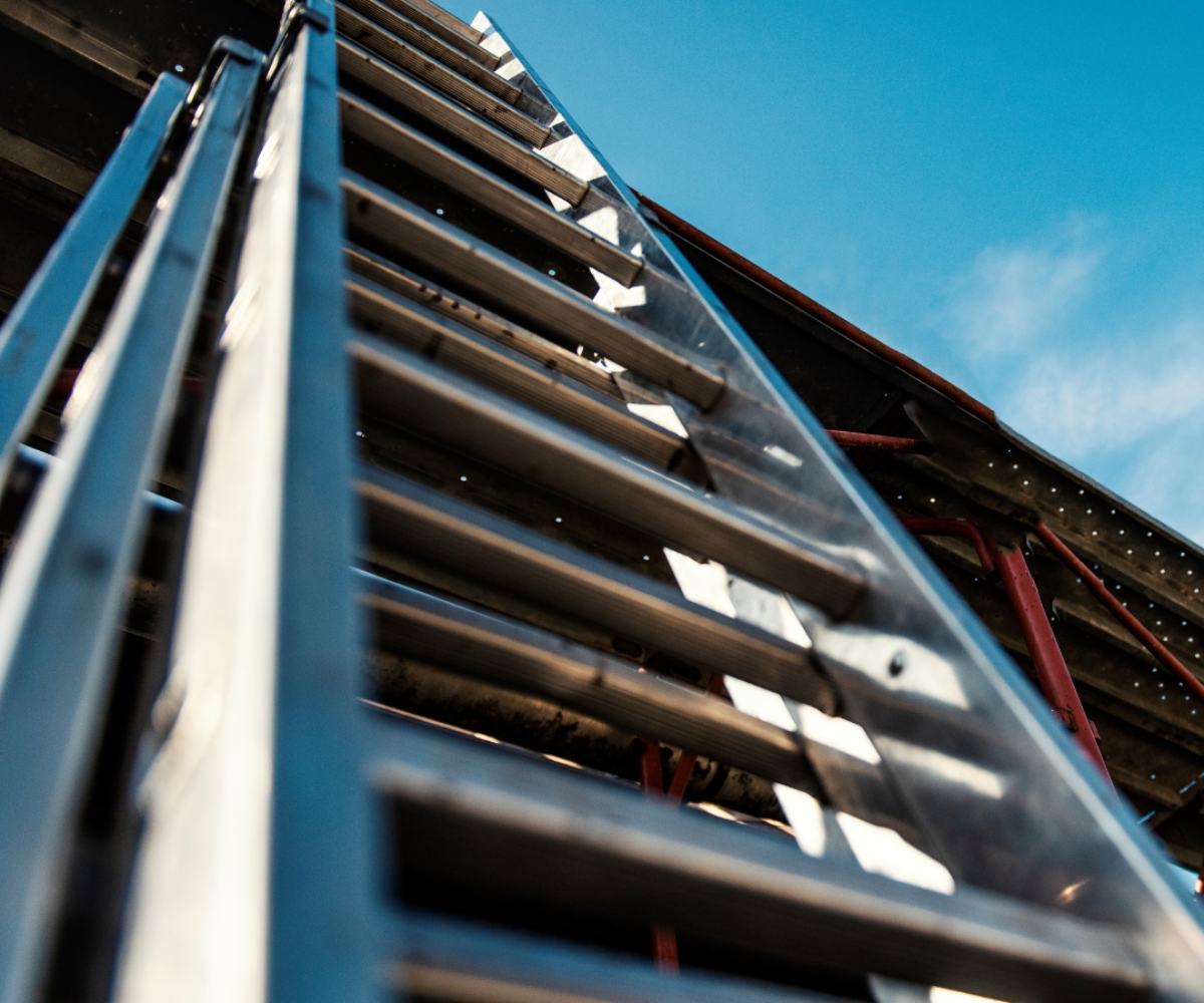 Low-angle view of an aluminum ladder extending upward, with a building and blue sky visible.