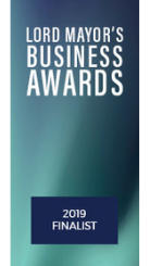 A blue and green banner reads "LORD MAYOR'S BUSINESS AWARDS" with "2019 FINALIST" at the bottom.