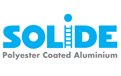 The "SOLIDE" logo in blue with a ladder replacing the "L" and a blue dot above it, followed by "Polyester Coated Aluminium" in gray