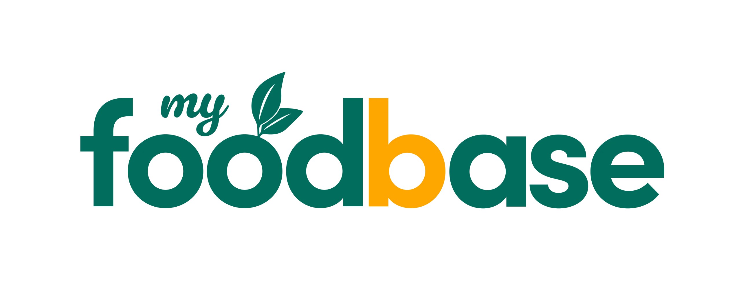 The 'my foodbase' logo with the word 'food' in green, 'my' as a small green script, a green leaf, and 'base' in orange.