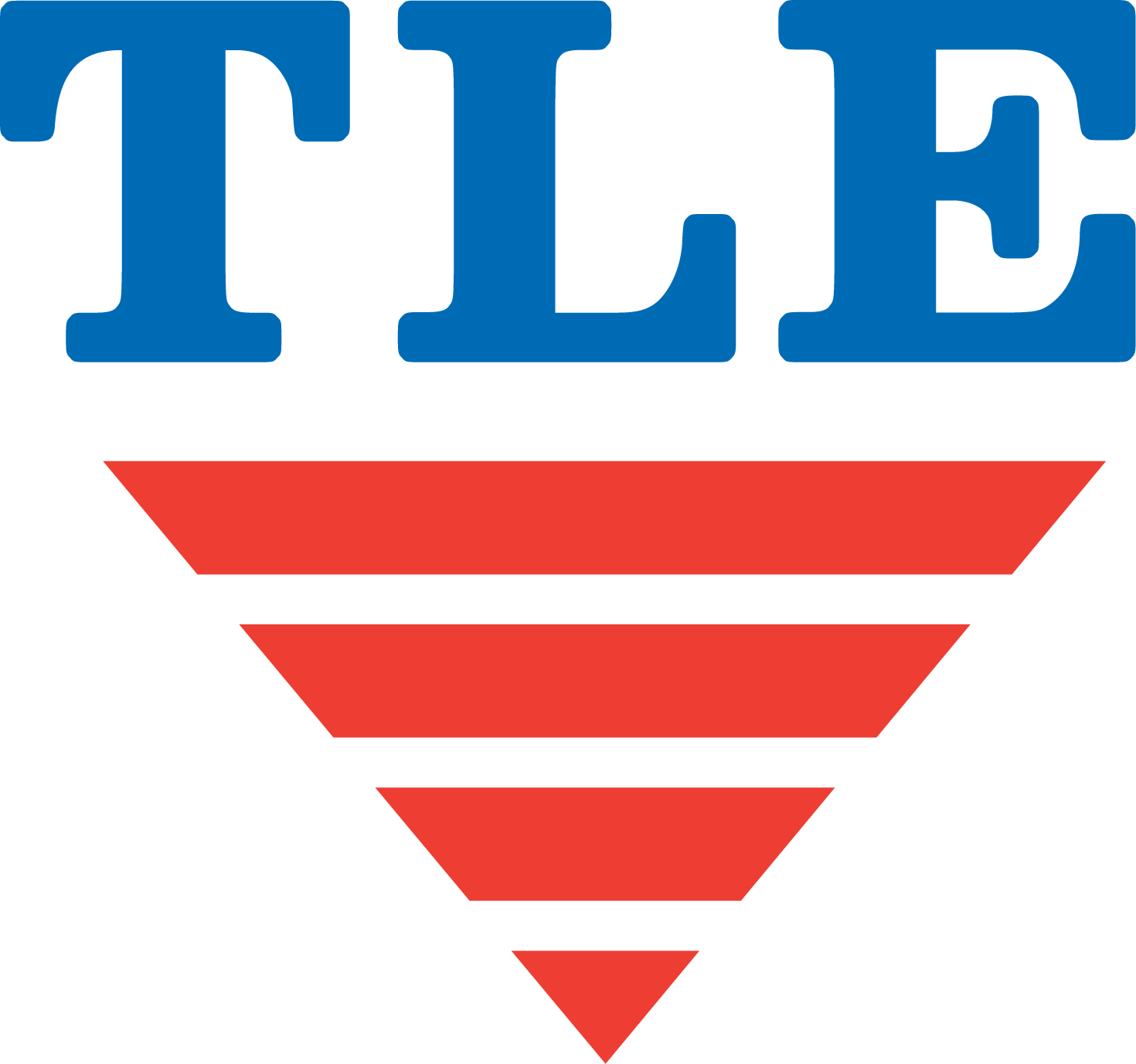 The TLE logo with blue block letters "TLE" above a red downward-pointing triangle made of horizontal bars.