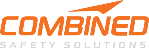 A horizontal logo on a black background. "COMBINED" is in large orange letters, with "SAFETY SOLUTIONS" in smaller grey letters below. An orange geometric shape is above "COMBINED."