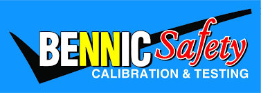 The BENNIC Safety logo: "BENNIC" in large white letters, "Safety" in red script with a black outline, and "CALIBRATION & TESTING" in smaller white letters, all on a blue background with a black checkmark graphic.