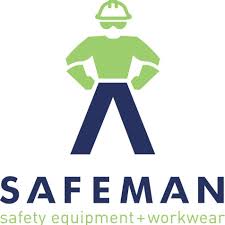 The SAFEMAN logo: a stylized lime green figure wearing a hard hat and safety glasses above the bold blue text "SAFEMAN" and smaller gray text "safety equipment + workwear