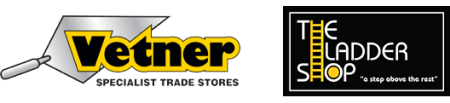 Two logos: "Vetner SPECIALIST TRADE STORES" with a trowel, and "THE LADDER SHOP 'a step above the rest'"