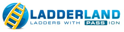 Ladderland logo with a yellow ladder graphic on a blue sphere