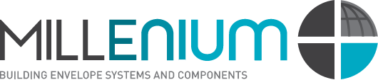 A horizontal logo on a black background. "MILLENIUM" is in grey and teal, with "BUILDING ENVELOPE SYSTEMS AND COMPONENTS" below. A circular grey and teal emblem is on the right.