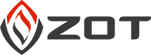 The "ZOT" logo in bold gray letters next to a stylized gray and red flame graphic on a gray background.
