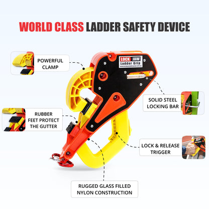 Lock Jaw Ladder Grip diagram showing clamp, rubber gutter feet, steel locking bar, lock-release trigger, nylon body.