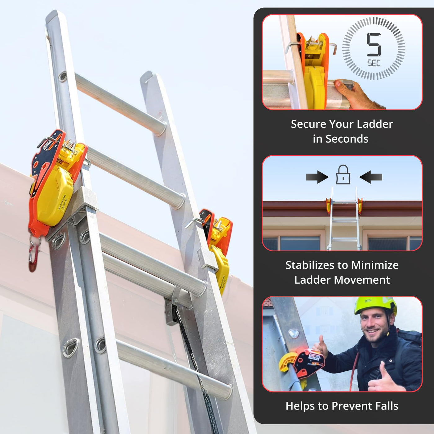 Extension ladder fitted with Lock Jaw Ladder Grip; panel shows 5-second setup, stabilises movement, prevents falls.
