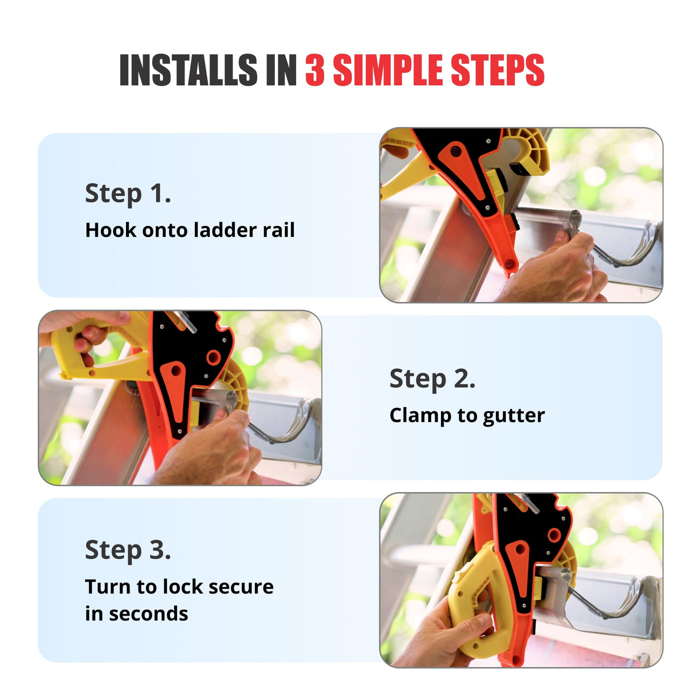 Infographic shows Lock Jaw Ladder Grip installs in 3 steps: hook to ladder rail, clamp to gutter, turn to lock.