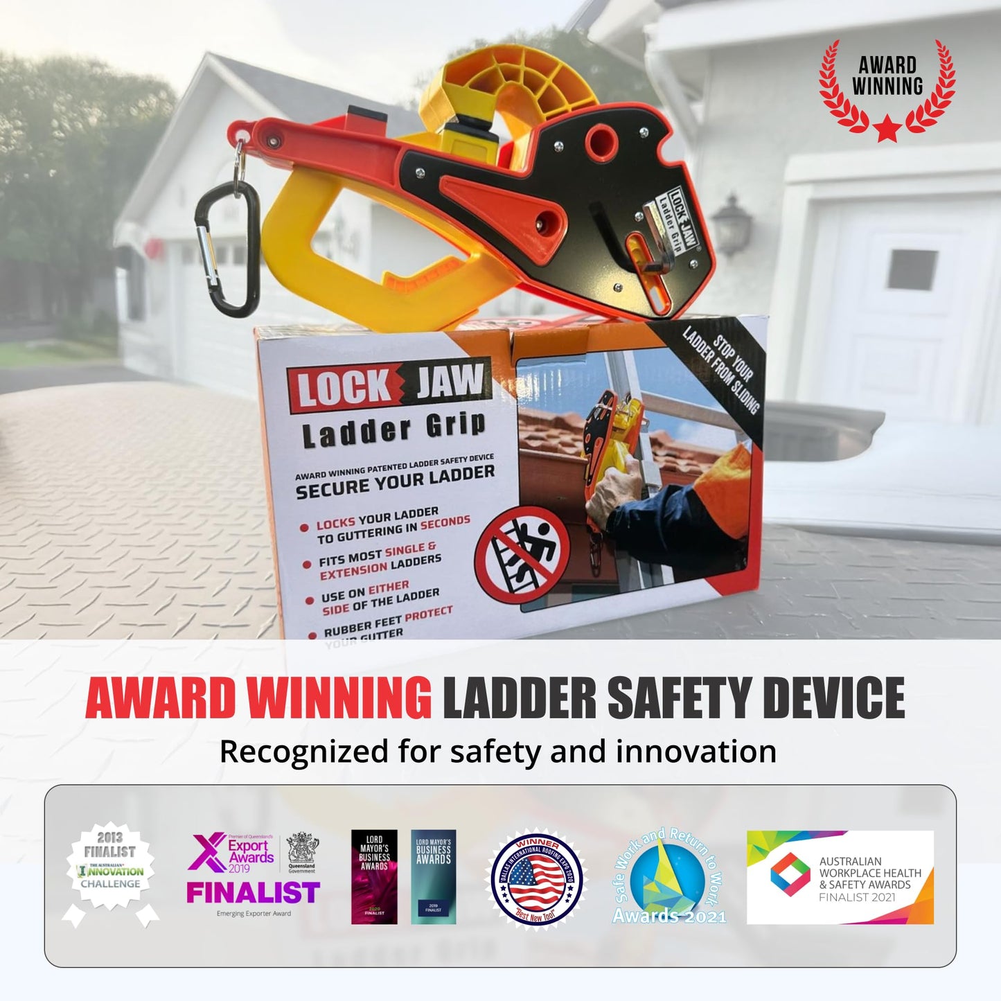 Award-winning Lock Jaw Ladder Grip shown on product box with safety claims and multiple innovation award logos below.