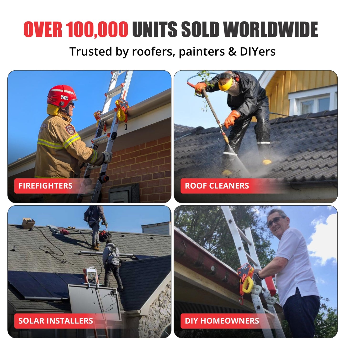 Promo collage: Over 100,000 units sold; firefighters, roof cleaners, solar installers, DIY homeowners use ladder grip.