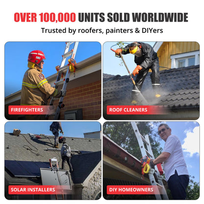 Promo collage: Over 100,000 units sold; firefighters, roof cleaners, solar installers, DIY homeowners use ladder grip.