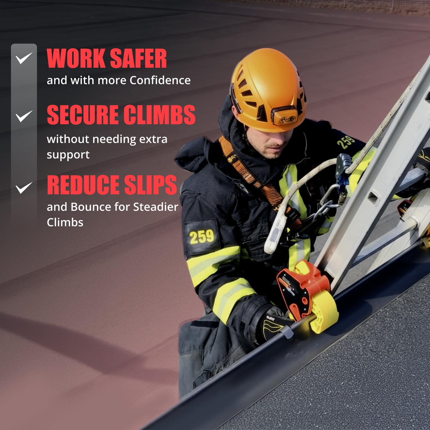 Firefighter uses Lock Jaw Ladder Grip on roof ladder; overlay highlights work safer, secure climbs, reduce slips.