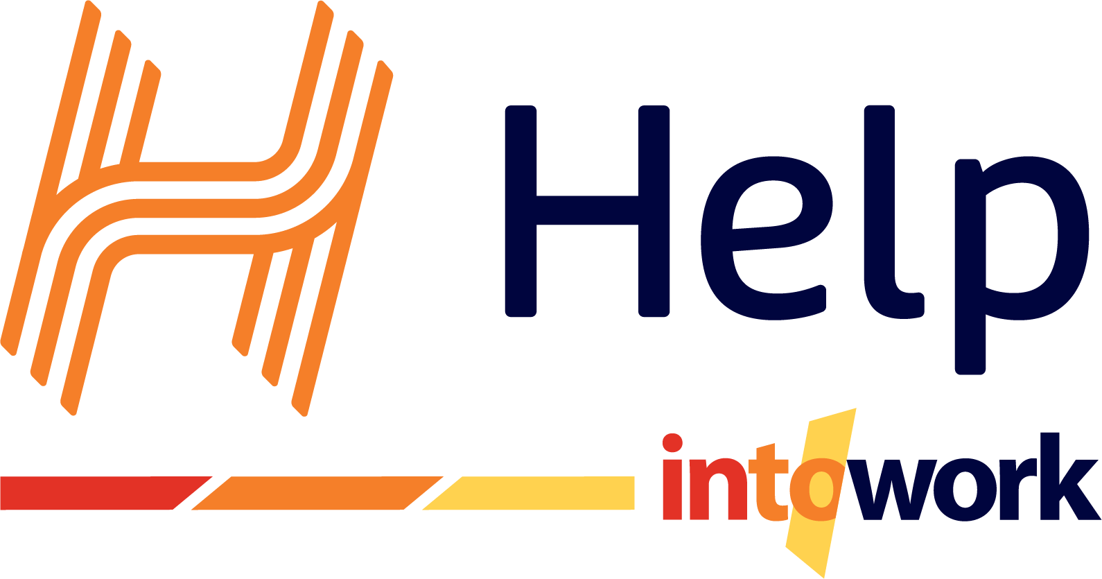 Help into work logo with orange abstract H icon, navy 'Help' text, and red-orange-yellow bar accents on black.