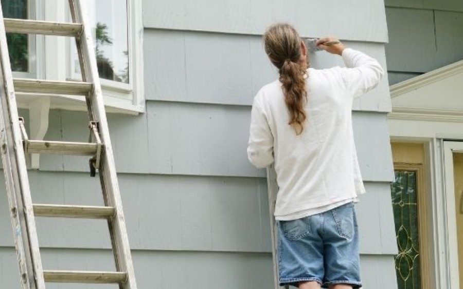 Painter working an exterior elevation with an extension ladder set against the wall