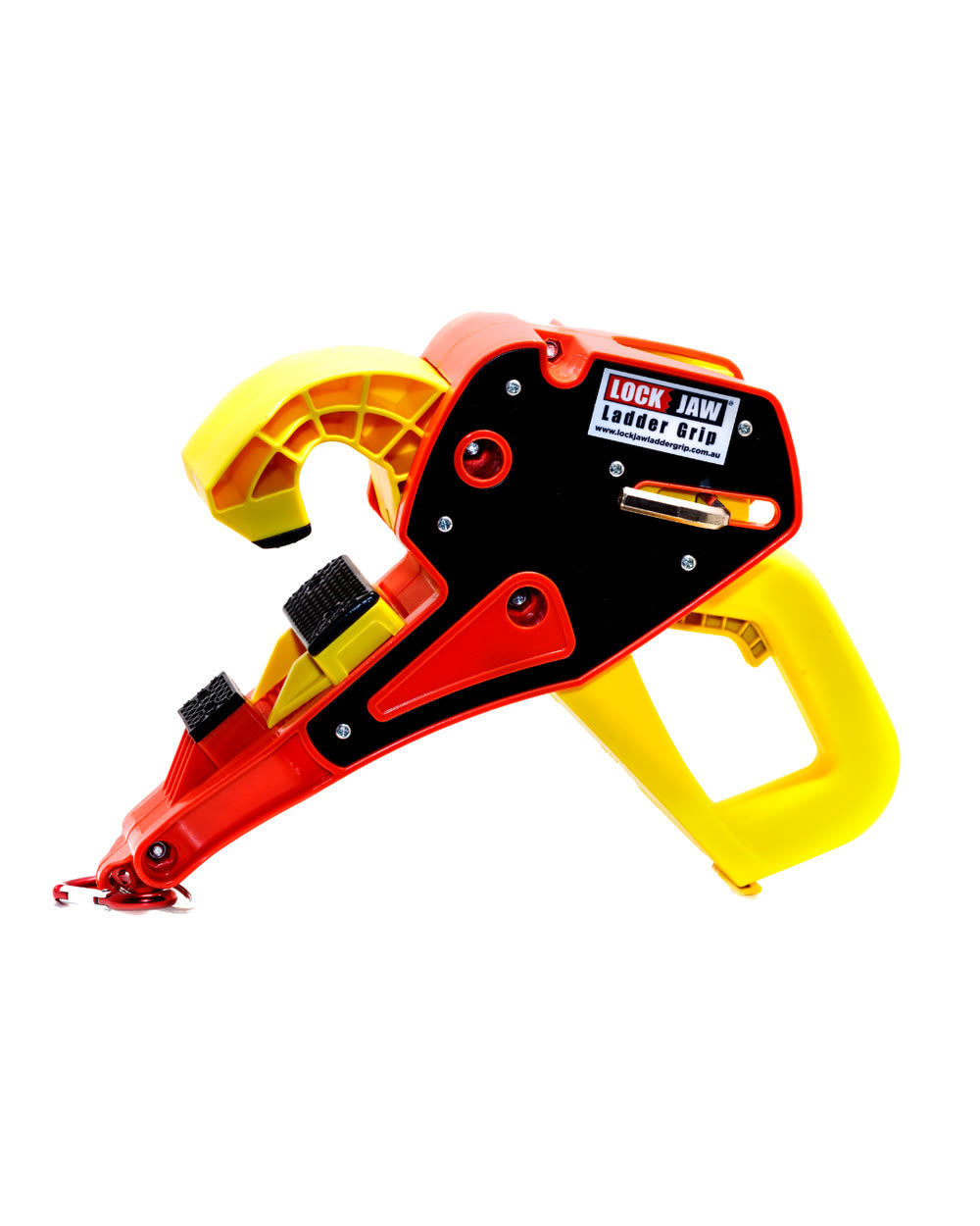 Lock Jaw Ladder Grip with red and yellow handles and rubber-padded clamps